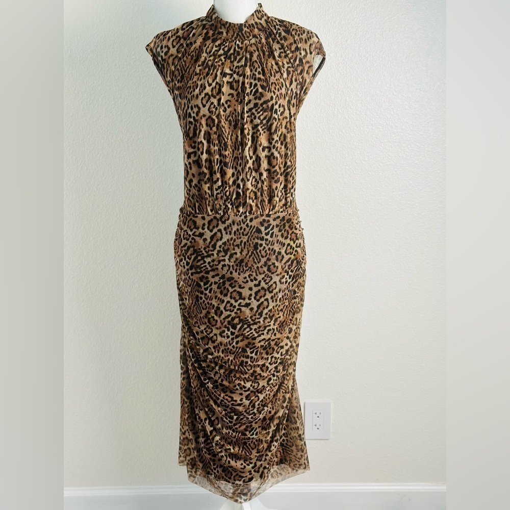 Chico's Midi Dress Ruched Mock Neck Mesh Dress Animal Print Size 16/18